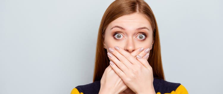 Hush scared business people coughing big pop-eyed fashion concept. Close up portrait of pretty cute terrified frightened mute dumb silent manager model with palms over mouth isolated gray background