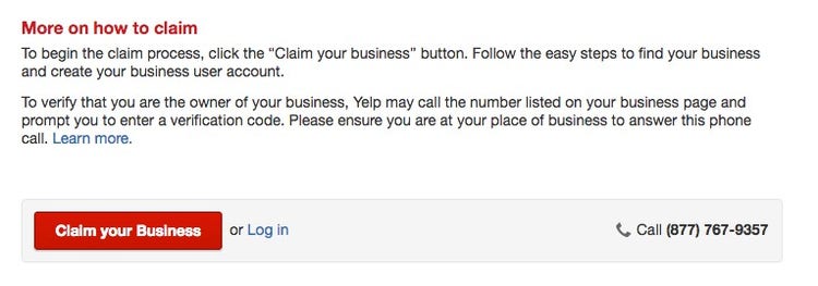 Screenshot of Yelp claim your business page