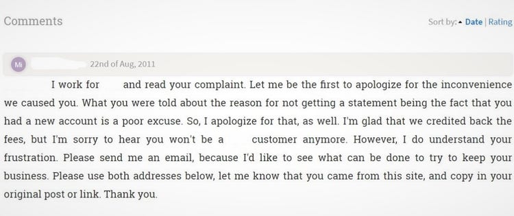 Screenshot of a company response to a bad review.