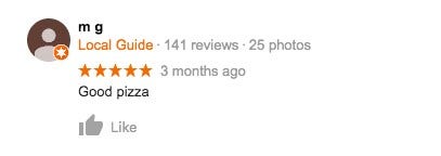 Screen shot of short, nondescriptive review of pizza restaraunt