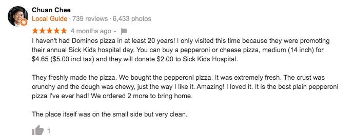 Screen shot of detailed pizza review