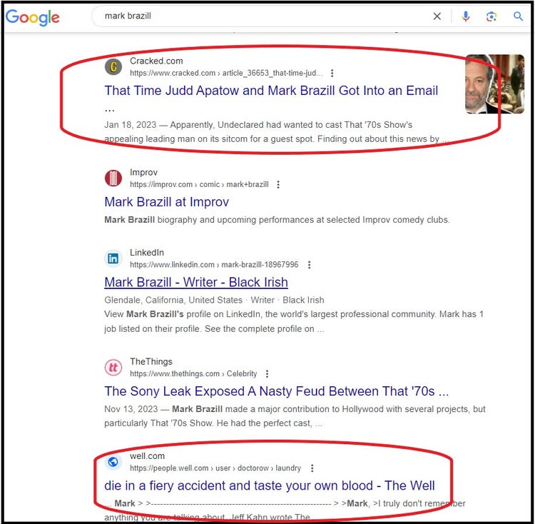 Screenshot of Mark Brazille's search results with two items circled in red