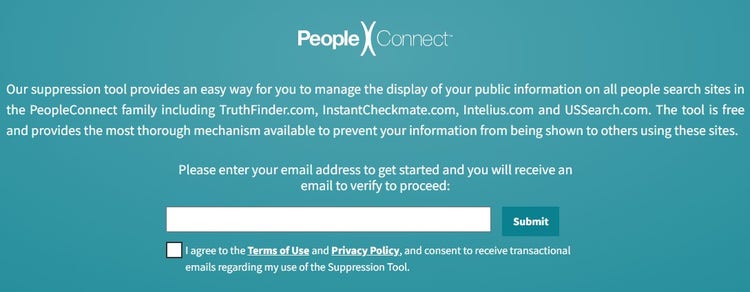 Screen shot of the People Connect Suppression Tool page