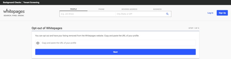 Screen shot of Whitepages optout form