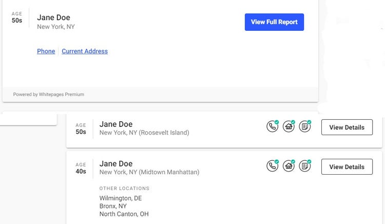Screen shot of Whitepages sample results