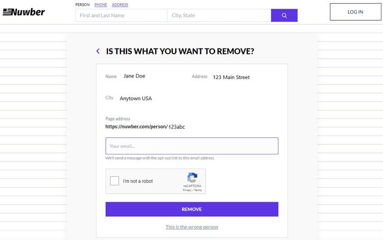 Screen shot of Nuwber's email field for opt out.