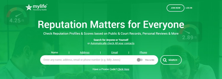 Screen shot of MyLife's search field