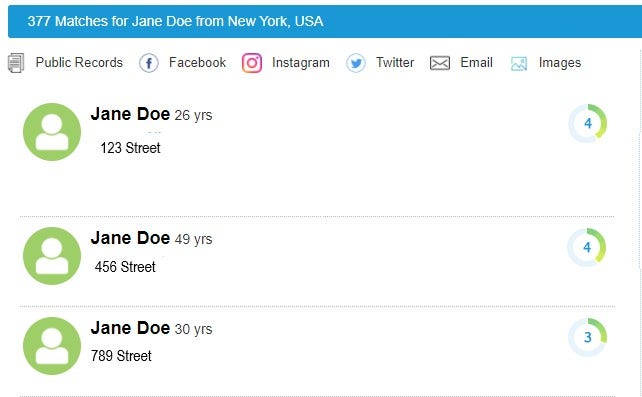Screen shot of PeekYou's search results for Jane Doe.
