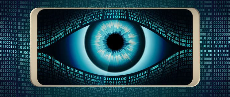 The all-seeing eye of Big brother in your smartphone, concept of permanent global covert surveillance using mobile devices, security of computer systems and networks, privacy