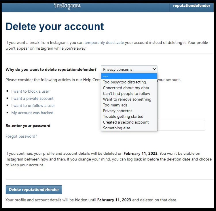 Screenshot of Instagram's Delete Your Account page