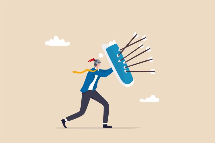 Shield protection from threats, security attack or business risk, insurance or safety guard to protect from threatening concept, strong businessman with armor and shield to protect from bow arrows.