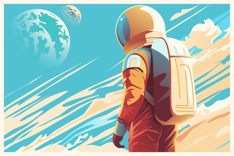 Human Space Exploration Futuristic Poster. An Astronaut Against Unfamiliar Skies with New Planets to Discover.
