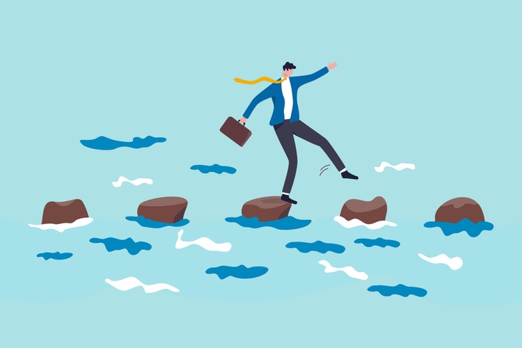 Stepping stones to success, progress or milestone pathway to achieve target, small step to overcome difficulty, development stages concept, confidence businessman stepping on stones across ocean.