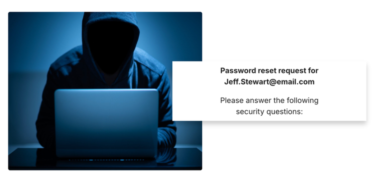 Hooded figure at a laptop next to a fake password-reset screen asking security questions